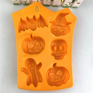Orange Halloween silicone mold with 6 cavities featuring bat pumpkin and ghost shapes