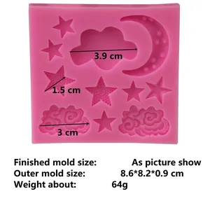 Pink silicone mold with moon and stars for fondant cake decoration 8.6x8.2x0.9cm