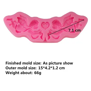 Pink silicone mold for baking with symmetrical angel and heart shapes, size 15x4.2x1.2cm