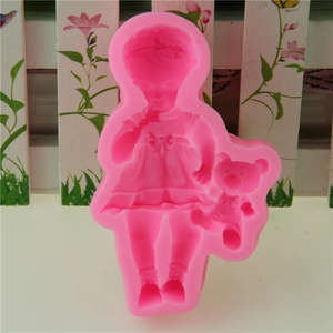 Pink silicone mold featuring a girl and teddy bear for fondant and DIY cake baking
