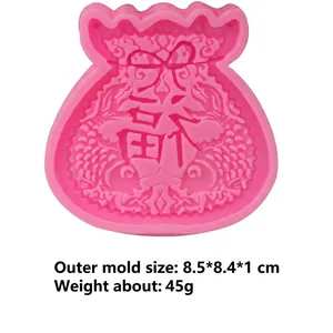 Pink silicone lucky bag fondant mold with Fu character and auspicious clouds, 8.5x8.4cm size