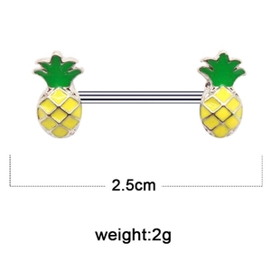Tepelpiercing met ananas van geel emaille en groene bladeren op roestvrij staal