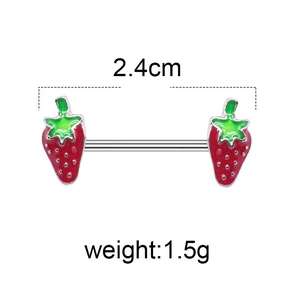 Roestvrijstalen tepelpiercing met rode aardbeien en emaille details, 2,4cm breedte
