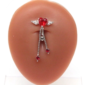 Piercing de nombril coeur argenté avec ailes de cristal rouge et doubles chaînes
