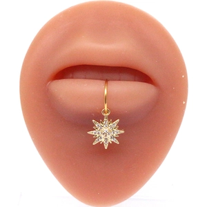 Detail of golden lip ring with zircon octagon star charm on a silicone display