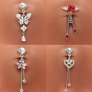 Piercing de Nombril en Acier Inoxydable 316L Zirconia Papillon Cœur Frange Pendant Bijoux de Nombril pour Femme Décoration Corps Sexy