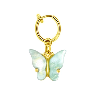 Close-up of golden butterfly earring with iridescent blue wings and metallic ring