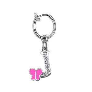 Detail view of silver letter J clip-on earring with pink butterfly and clear crystals
