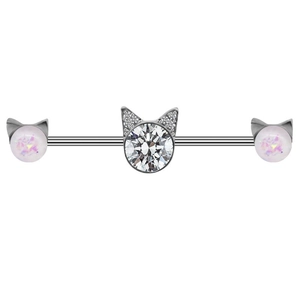 Cat industrial barbell earring in stainless steel with clear zircon and opal balls