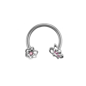 Anneau fer à cheval en acier avec fleur rose à gemmes et breloque papillon rose