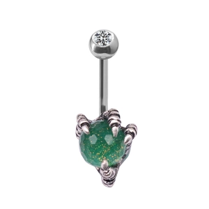 Dragon claw navel piercing with green faceted gem and crystal top in stainless steel