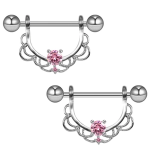 Pink and white zircon lace nipple shields in silver finish stainless steel body jewelry