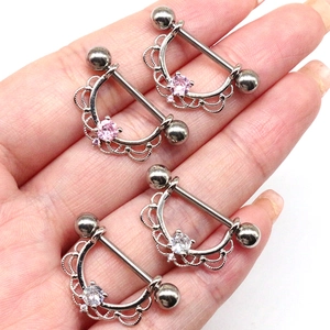 Pink and white zircon lace nipple shields in polished surgical steel for body piercing