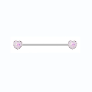 Industrial barbell earring featuring silver stainless steel and heart-shaped opal inlays
