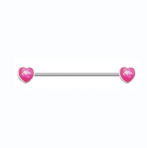 Polished silver industrial barbell with vibrant pink heart opal stones for ear piercings