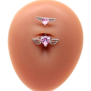 Piercing ombelico in acciaio con cristallo cuore rosa e ali d'angelo d'argento