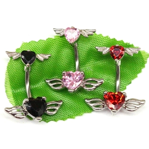 Set di 3 piercing all'ombelico in acciaio inox con gemme a cuore e ali d'angelo