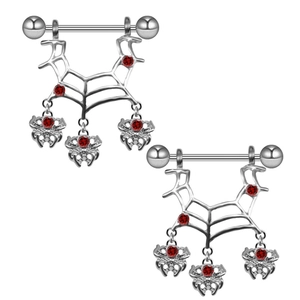 Gothic Spinnennetz Nippelringe mit roten Edelsteinen und hängenden Spinnenanhängern aus Silber