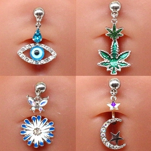 316L Stainless Steel Curved Bar Belly Ring With Zinc Alloy Rhinestone Evil Eye Butterfly Flower Moon Star Navel Piercing Jewelry