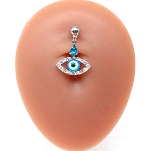 Classic stainless steel evil eye belly button ring with blue zircon and white rhinestones