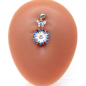 Butterfly and daisy belly button ring with aurora rhinestones on a silicone model