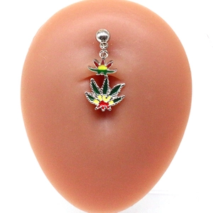 Silver belly button ring featuring colorful maple leaf pendant on a navel model