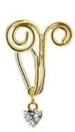 Close-up of golden U-shaped non-piercing nose cuff with double spiral and heart zircon