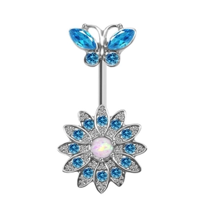 Piercing ombelico a farfalla e margherita in argento con gemme blu e pietra opale