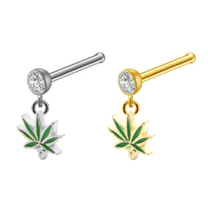 Two-piece nose stud set in gold and silver with green leaf pendants and clear crystals