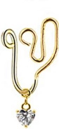 Detailed close-up of a gold heart nose clip with a clear dangling crystal heart pendant