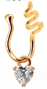 Detail of gold snake-shaped nose clip with a dangling heart zircon stone on a white background