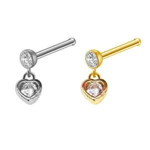 Silver and golden heart nose studs with sparkling cubic zirconia on a white background
