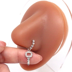 Detailweergave van een zilveren neusring met sleutelhanger en witte strasstenen