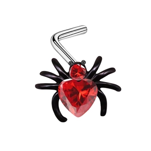 Gothic spider nose stud with red heart crystal and stainless steel L-shaped pin
