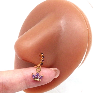 Detail showing a golden nose ring with purple marquise crystals and crown charm