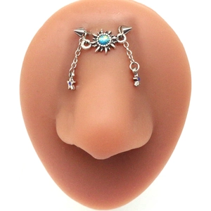 Retro silver bridge piercing jewelry with blue opal sunburst and star chain detail