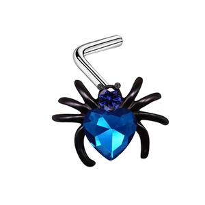 L-shaped stainless steel spider nose stud with heart-shaped blue gemstone and black legs