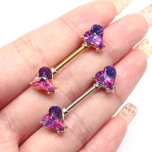 Piercings de mamelon coeur en acier inoxydable avec cristaux colorés or et argent