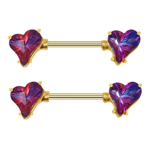 Piercings de mamelon en acier doré avec des cœurs en cristal violet facettés