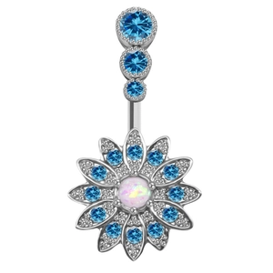 Piercing de nombril en acier chirurgical avec zircons bleus et pendentif fleur en opale