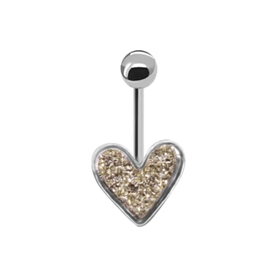 Piercing all'ombelico a cuore argentato con intarsio di glitter color champagne