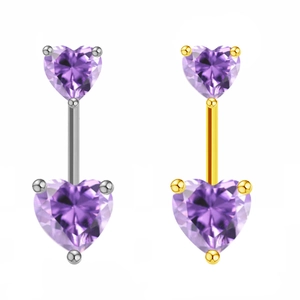 Détails de piercings de nombril en forme de cœur or et argent avec zircons violets