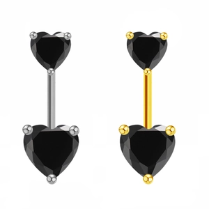 Détails de piercings de nombril en or et argent avec double zircon noir en forme de cœur