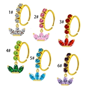 Set of six gold stainless steel nose rings with colorful marquise crystal pendants