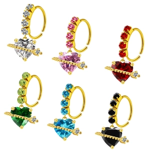 Detail set of six gold-plated heart-shaped nose rings with colorful zircon gemstones