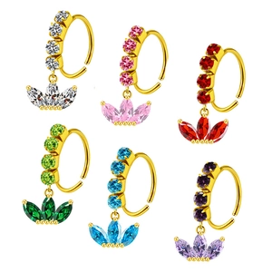 Golden stainless steel nose rings with colorful zircon crown drop pendants in six colors