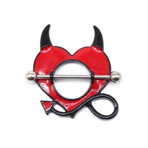 Red heart shaped devil nipple ring shield with black horns and surgical steel barbell