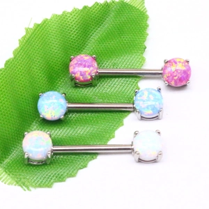 Three opal nipple rings in pink, blue, and white colors with polished stainless steel bars