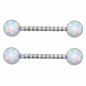Twisted stainless steel nipple rings with round white synthetic opal stones set in silver