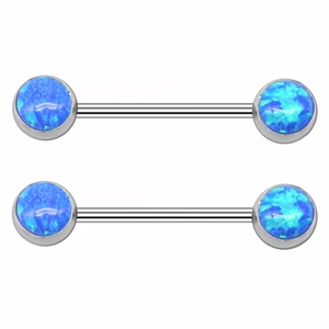 Detail of silver stainless steel nipple ring with vibrant blue opal stones on white background